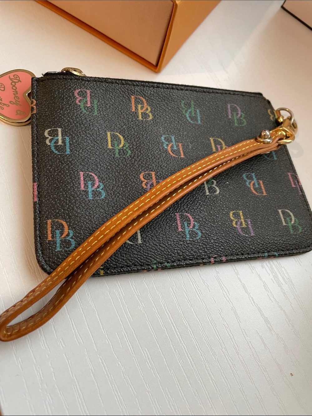 Dooney & Bourke Black Multicolor DB Logo Wristlet with Tan Strap